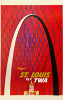 Original vintage St. Louis linen backed aviation Midwest American travel poster plakat affiche by artist David Klein, illustrator of airline posters for Trans World Airlines destinations.