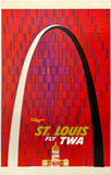 Original vintage St. Louis linen backed aviation Midwest American travel poster plakat affiche by artist David Klein, illustrator of airline posters for Trans World Airlines destinations.