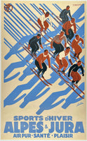 Original vintage Sports D'Hiver - Alpes & Jura winter sports art deco linen backed travel tourism poster plakat affiche by artist Coulon circa 1933.