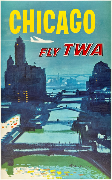 Original vintage Chicago - Fly TWA linen backed airline aviation travel and tourism poster plakat affiche by artist Austin Briggs, circa 1960s.