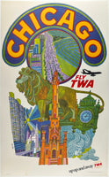 Original vintage Chicago - Fly TWA Up Up And Away linen backed aviation travel and tourism poster by artist David Klein, featuring a landmarks of the Windy City, circa 1960s.