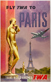Original vintage Fly TWA To Paris - Trans World Airlines linen backed aviation travel and tourism poster plakat affiche by artist David Klein, circa 1960s.