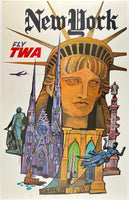 Original vintage New York - Fly TWA linen backed aviation travel poster by artist David Klein, illustrator of airline posters for Trans World Airlines destinations.