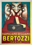 Original vintage Bertozzi Parma Parmigiano Reggiano cheese linen backed art deco poster plakat affiche by artist Mauzan circa 1930.