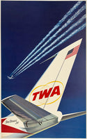 Original vintage TWA Star Stream Jet linen backed airline aviation travel and tourism poster plakat affiche by artist David Klein, circa 1960s.