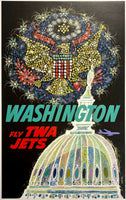Original vintage Washington Fly TWA Jets linen backed aviation travel and tourism poster by artist David Klein, illustrator of airline posters for Trans World Airlines destinations. This poster, circa 1960s, features a jet soaring above the United States Capitol with the Bald Eagle displayed in fireworks.
