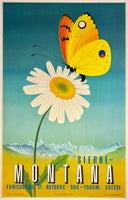 Original vintage Sierre - Montana Switzerland linen backed Swiss travel and tourism poster circa 1952.
