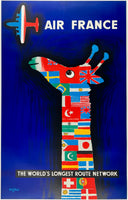 Original vintage Air France - The World's Longest Route Network linen backed airline travel and tourism poster featuring a giraffe and airplane by artist Raymond Savignac, circa 1956.
