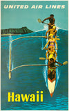 Original vintage United Air Lines - Hawaii linen backed UAL outrigger airline travel and tourism poster by artist Stan Galli, circa 1960. Galli was the illustrator of aviation travel posters for many United Airlines domestic destinations.