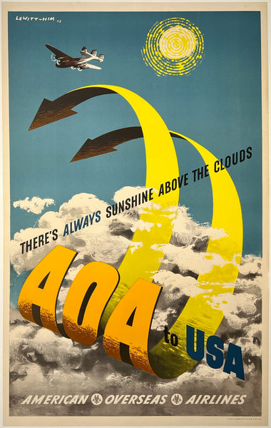 Original vintage American Overseas Airlines AOA to USA - There's Always Sunshine Above The Clouds linen backed airline travel and tourism poster plakat affiche circa 1948.