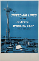 Original vintage Fly United Air Lines To The Seattle World's Fair UAL United Airlines linen backed airline travel and tourism poster plakat affiche circa 1962.