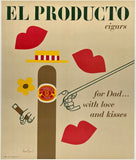 Original vintage El Producto Cigars For Dad With Love and Kisses linen backed tobacco poster plakat affiche by artist Paul Rand circa 1952.
