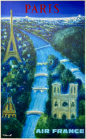 Original vintage Paris - Air France linen backed travel and tourism poster plakat affiche featuring The Seine, Eiffel Tower, and Notre Dame Cathedral by artist Bernard Villemot, circa 1967.