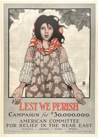 Original vintage Lest We Perish - Campaign For $30,000,000 Armenia Greece Syria Per linen backed USA World War I poster by artist Ethel Franklin Bettsbains, circa 1915.