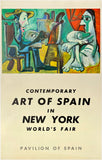 Original vintage N.Y. World's Fair - Spanish Pavilion Contemporary art of Spain Picasso linen backed travel and tourism poster plakat affiche circa 1964.