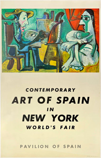 Original vintage N.Y. World's Fair - Spanish Pavilion Contemporary art of Spain Picasso linen backed travel and tourism poster plakat affiche circa 1964.