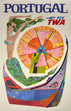 Original vintage Portugal - Fly TWA linen backed airline aviation travel and tourism poster plakat affiche by artist David Klein, circa 1960s.