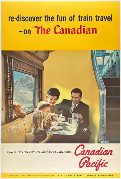 Original vintage Canadian Pacific Train Travel on The Canadian linen backed railroad and tourism poster plakat affiche circa 1960s.