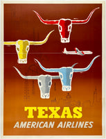 Original vintage Texas - American Airlines linen backed travel and tourism poster featuring a Douglass DC-7 aircraft flying above city skylines and oil rigs as well as the heads of steers prominently featured by artist Glanzman-Parker, circa 1953.