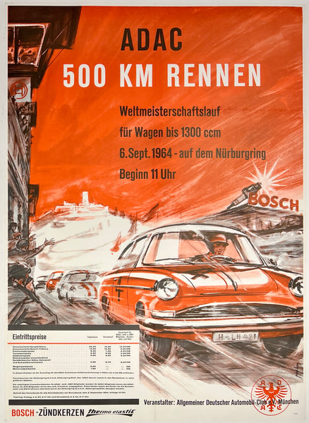 Original vintage1964 ADAC 500 KM Rennen - Nurburgring linen backed automobile German racing auto event poster plakat affiche circa 1964.