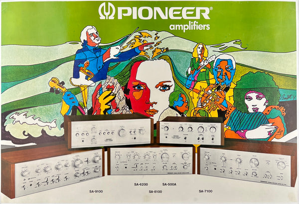 Original vintage Pioneer Amplifiers linen backed psychedelic pop art poster featuring illustrations of Louie Armstrong, Motzart, and more circa 1973.