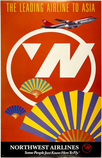 Original vintage Northwest Airlines - The Leading Airline To Asia linen backed airline travel and tourism poster plakat affiche circa 1990s.