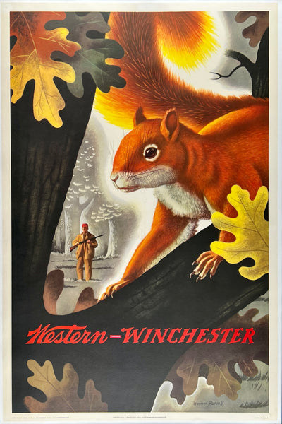 Original vintage Western Winchester squirrel hunting shotgun rifle linen backed advertising poster by artist Weimer Pursell, circa 1955.