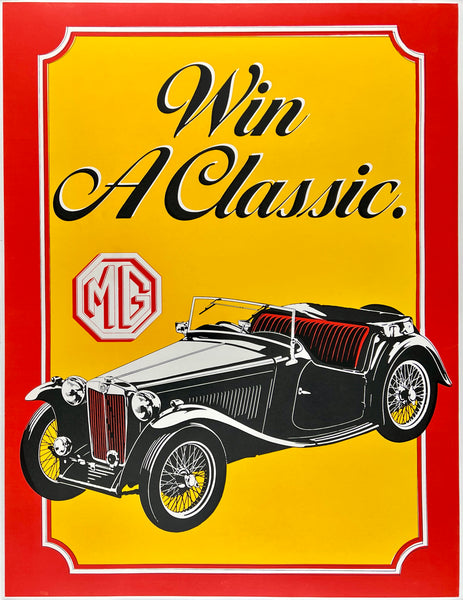 Original vintage Win A Classic MG linen backed British automobile car racing poster illustrated circa 1970s.