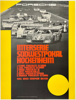 Original vintage Porsche - Interserie Sudwestpokal Hockenheim linen backed factory showroom victory automobile racing poster plakat affiche featuring the 917 10 Turbo car designed by artist Erich Strenger circa 1973.