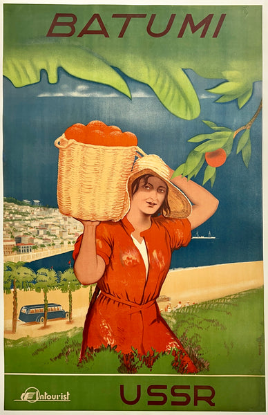 Original vintage Batumi USSR Intourist linen backed Russian travel and tourism poster plakat affiche circa 1935.