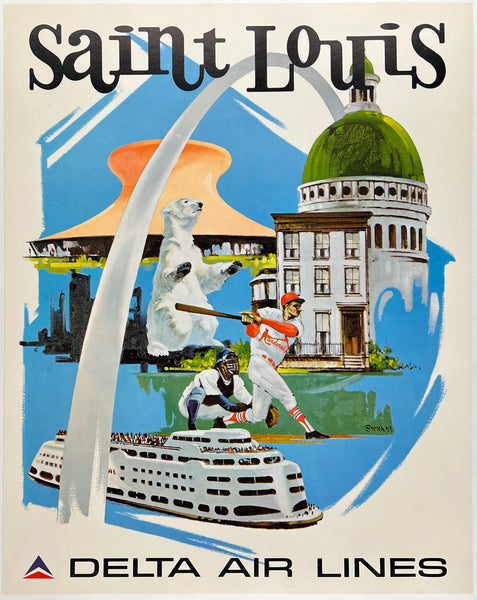Original vintage St. Louis - Delta Air Lines linen backed airline travel and tourism poster plakat affiche circa 1970s.