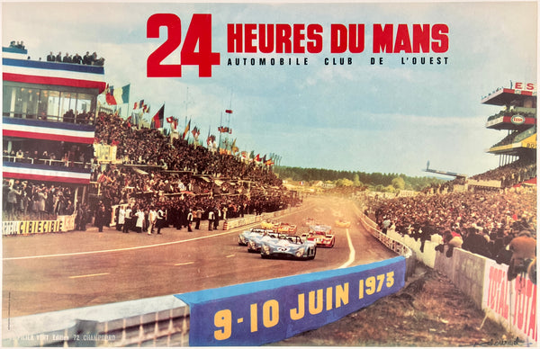 Original vintage 24 Hueres Du Mans Le Mans 1973 linen backed automobile car racing event promotional poster plakat affiche featuring a photo of a Ferrari by Andre Delourmel.