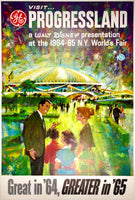 Original vintage N.Y. World's Fair - Visit Progressland linen backed travel and tourism poster featuring a family standing in front of the Walt Disney exhibit sponsored by General Electric.