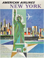 Original vintage American Airlines - New York linen backed airline travel and tourism mid-century modern poster featuring the Statue of Liberty circa 1960s.