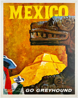 Original vintage Mexico - Go Greyhound linen backed bus travel and tourism poster circa 1960s.