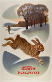 Original vintage Western Winchester rabbit hunting shotgun rifle linen backed advertising poster by artist Weimer Pursell, circa 1955.