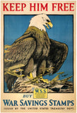 Original vintage Keep Him Free - Buy War Savings Stamps linen backed World War I United States propaganda poster featuring a bald eagle above fighter planes by artist Charles Livingston Bull, circa 1918.