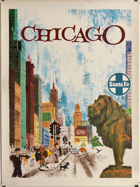 Original vintage Chicago - Santa Fe Railroad midwestern America railway travel and tourism poster by an anonymous artist, circa 1950s.