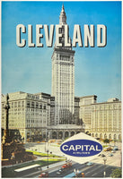 Original vintage Cleveland - Capital Airlines linen backed mid-century modern aviation airline travel and Ohio tourism poster featuring The Terminal Tower circa 1950s.