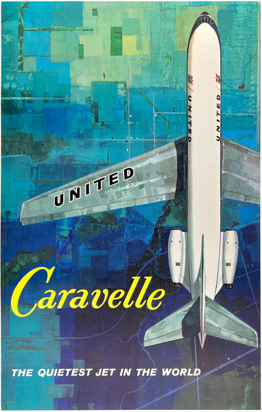 Original vintage United Caravelle linen backed UAL airline travel and tourism poster plakat affiche circa 1964.