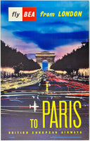 Original vintage Fly BEA From London To Paris linen backed aviation travel and tourism poster plakat affiche circa 1958.