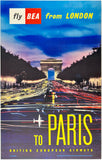 Original vintage Fly BEA From London To Paris linen backed aviation travel and tourism poster plakat affiche circa 1958.