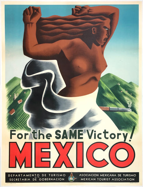 Original Vintage For The Same Victory! Mexico linen backed Mexican travel, tourism, and World War II poster featuring by artist Eppem, circa 1944.