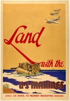 Original vintage Land With The U.S. Marines linen backed American USA World War II propaganda poster by artist Vic Guinness, circa 1942.