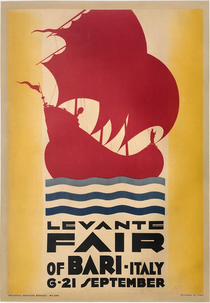 Original Vintage Levante Fair of Bari Italy 1930 linen backed Italian travel and tourism poster by artist Araca, circa 1930.