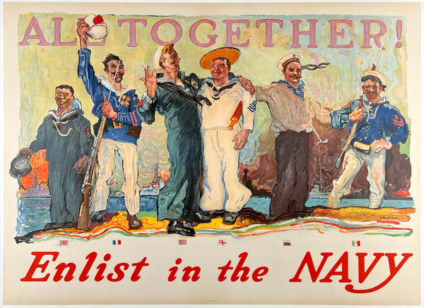 Original vintage All Together! Enlist in the Navy linen backed American World War I United States propaganda poster featuring Naval sailors by artist Henry Reuterdahl, circa 1917.