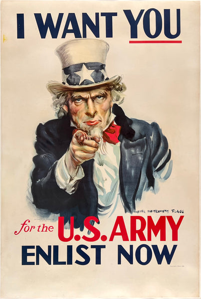 Original vintage I Want You For the U.S. Army - Enlist Now linen backed USA World War II poster by artist James Montgomery Flagg circa 1941. This poster uses the iconic Uncle Sam artwork of Flagg's World War I WWI I Want You poster.