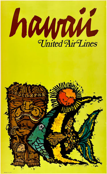 Original vintage Hawaii - United Air Lines linen backed UAL airline travel and tourism poster by artist Jebray, circa 1967.