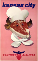 Original vintage Houston - Continental Airlines linen backed mid-century modern aviation airline travel and tourism poster featuring a goofy steak, circa 1960s.