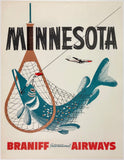 Original vintage Minnesota - Braniff International Airways linen backed airline aviation travel and tourism poster with an image of a Northern Pike in a fishing net by an anonymous artist, circa 1960s.